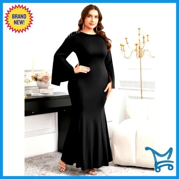 Plus Size Formal Maxi Dress Mermaid Hem Long Sleeves Evening Gown Elegant